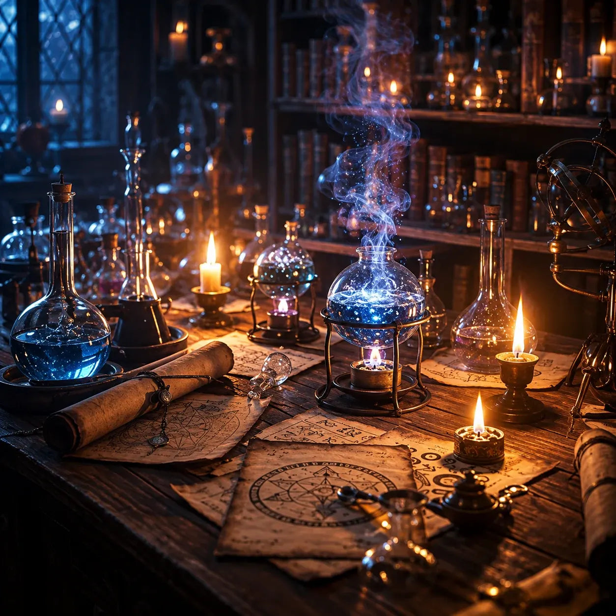 Glowing magical potion and alchemy workspace